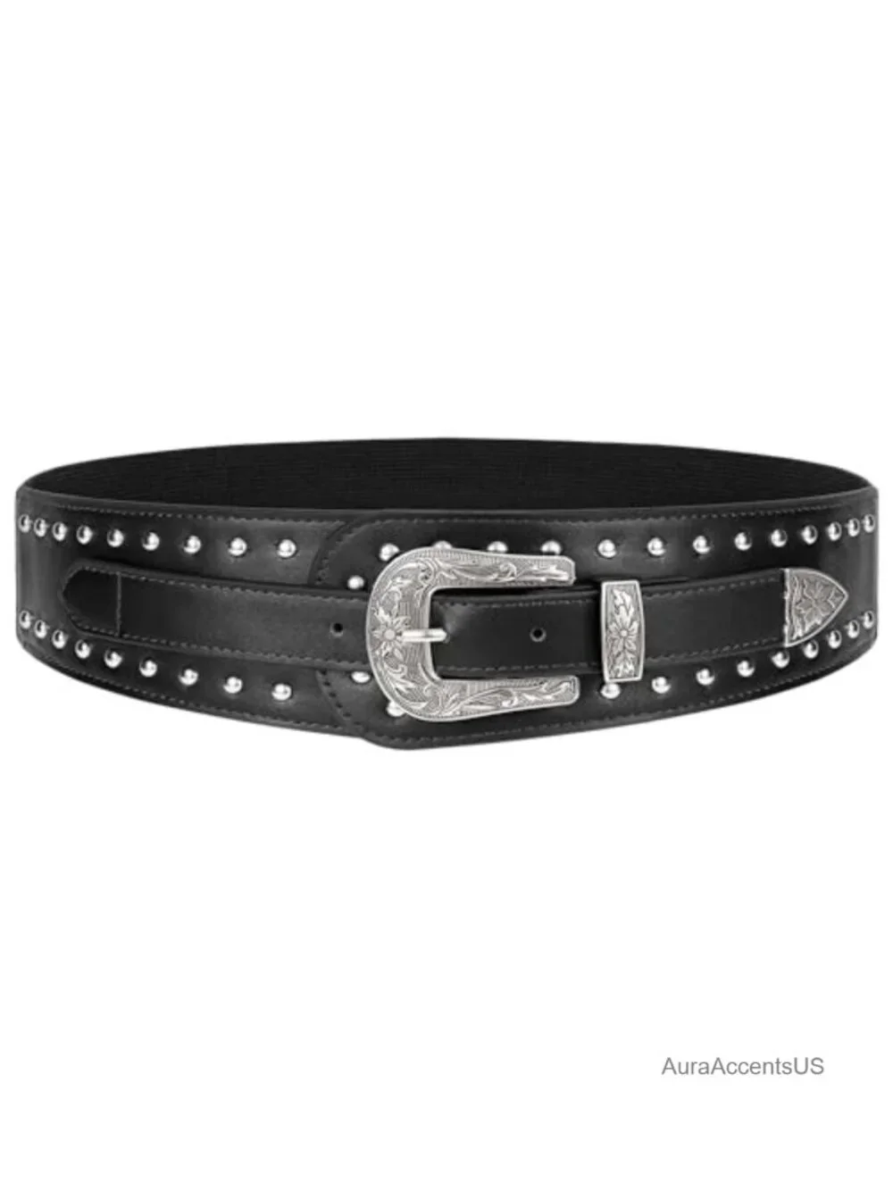 Faux Leather Elastic Stretch Belt with Vintage Buckle Western Wide Belt